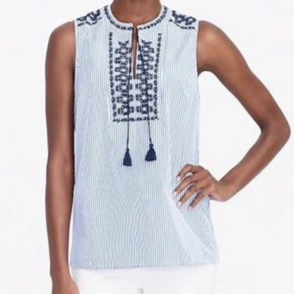 J. Crew 100% Cotton Embroidered striped tank‎ top - Size 2 EUC Blue and white